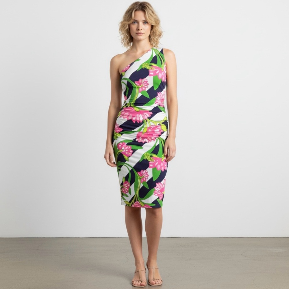 Lilly Pulitzer Madison One Shoulder Pink Green White Striped Floral Midi Dress